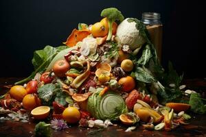 Fruta y vegetal residuos en un pila en un de madera mesa, comida desperdiciar, ai generado foto