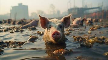 Piglet in dirty water with garbage. Pig in India. photo