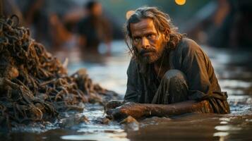 Hindu Sadhu bathing in the river Ganga in Kolkata, West Bengal, India. photo