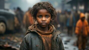 Poor beggar indian boy with dirty face and dirty clothes. Poverty concept. photo