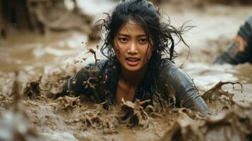 Portrait of beautiful asian woman swim in muddy water. photo