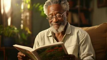 Senior black man reading a book while sitting on the couch at home. photo