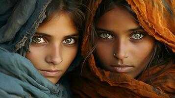 Two beautiful young women in India, close-up portrait. photo