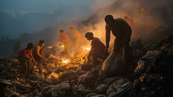 Unidentified indian people collection waste plastic bottles in his sack to earn they livelihood at garbage. photo