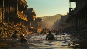 Indian people bathing in holy river Ganges at sunset, Varanasi, India photo