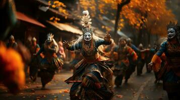 Unidentified people in traditional costume during the celebration of Nyepi festival. photo