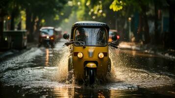 tuk tuk conducción mediante un inundado calle durante un inundar causado por pesado lluvia. foto