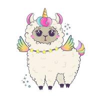 rainbow alpaca with wings and unicorn horn. Funny cartoon kawaii character isolated on white background. vector