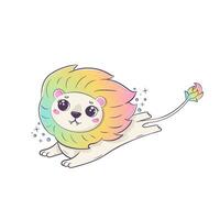 arco iris león saltando gracioso dibujos animados kawaii personaje aislado en blanco antecedentes. vector