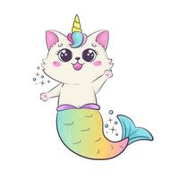 arco iris gatito sirena con unicornio bocina. gracioso dibujos animados kawaii personaje aislado en blanco antecedentes. vector