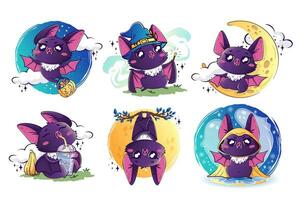 Set of cute kawaii bats. Cartoon bats wizard, occultist, Halloween character, drinks bubble tea, sleeps and flies against the background of the moon. Products for children vector