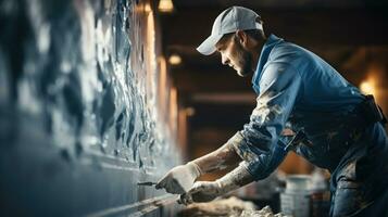 Portrait of a male worker in a blue uniform and a white cap working painter. photo