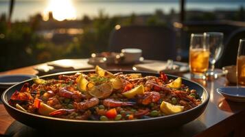 paella con camarones, langostinos, mejillones, calamar, pescado y vegetales servido en un lámina. foto