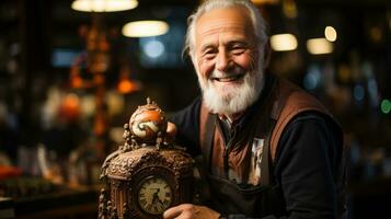 Cheerful senior clock maker and repairer man holding an antique clock in a workshop. photo