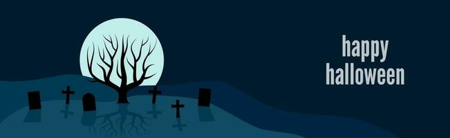 contento Víspera de Todos los Santos festivo bandera con un solitario árbol en el cementerio en un antecedentes de el lleno Luna a noche. vector ilustración.