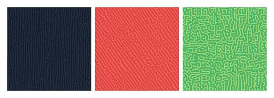 Set of three colorful turing reaction gradient backgrounds. Abstract diffusion pattern with chaotic shapes. Vector illustration.