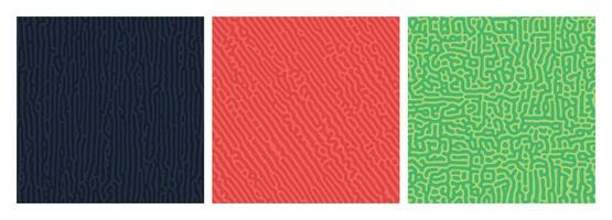 Set of three colorful turing reaction gradient backgrounds. Abstract diffusion pattern with chaotic shapes. Vector illustration.