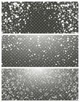 Snowfall and falling snowflakes on background. Set of three backdrops. White snowflakes and Christmas snow. Vector illustration