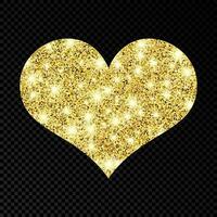 Gold glittering heart on dark background. Background with gold sparkles and glitter effect. Vector illustration