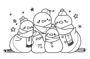 Cute funny family of snowmen. Coloring page for children.Merry Christmas coloring book vector