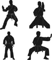 Karate Fighter Silhouette In White Background. Vector Illustration Set.