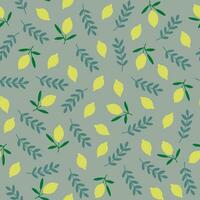 Vector seamless pattern with lemons and leaves on grey green background. Juicy fruits pattern.
