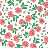 Vintage pattern with pink roses and leaves on white background. Retro flowers pattern vector