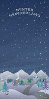 Winter wonderland at night and have snowfall vertical vector illustration. Merry Christmas and Happy New Year greeting card template have blank space.