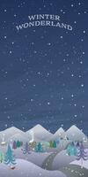 Winter wonderland at night and have snowfall vertical vector illustration. Merry Christmas and Happy New Year greeting card template have blank space.