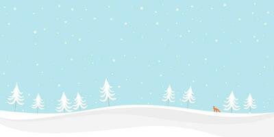 Snow landscape with pine tree and fox childish style vector illustration. Winter Wonderland with snowfall have blank space.