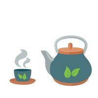 Teapot with cup of tea isolated icon. Healthy lifestyle concept. Winter autumn illustration vector