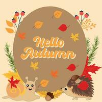 Hello Autumn season background. Autumn concept with cute hedgehog and snail. Vector autumn elements.