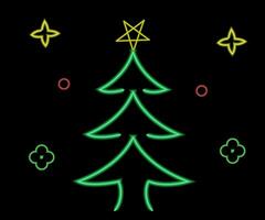 Neon Christmas tree with star, glowing icon. Neon New Year tree silhouette, outline Christmas tree in vivid colors. Festive fir with neon light. Icon set, sign, symbol for UI. Vector illustration