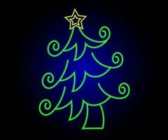 Neon Christmas tree with star, glowing icon. Neon New Year tree silhouette, outline Christmas tree in vivid colors. Festive fir with neon light. Icon set, sign, symbol for UI. Vector illustration