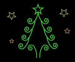 Neon Christmas tree with star, glowing icon. Neon New Year tree silhouette, outline Christmas tree in vivid colors. Festive fir with neon light. Icon set, sign, symbol for UI. Vector illustration