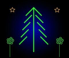 Neon Christmas tree with star, glowing icon. Neon New Year tree silhouette, outline Christmas tree in vivid colors. Festive fir with neon light. Icon set, sign, symbol for UI. Vector illustration