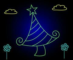 Neon Christmas tree with star, glowing icon. Neon New Year tree silhouette, outline Christmas tree in vivid colors. Festive fir with neon light. Icon set, sign, symbol for UI. Vector illustration