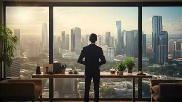 businessman looking out of window at cityscape ai generated photo