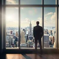 a man in a suit stands in front of a window looking out at the city ai generated photo