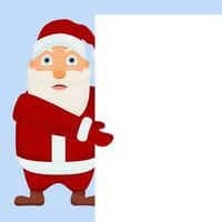 Santa Claus is standing behind an empty sign, pointing at a large empty banner. Cartoon character Santa Claus with a white space to copy. vector illustration.