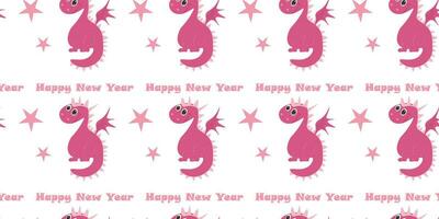 Seamless pattern with cute cartoon pink Dragon, Happy New Year 2024. Vector illustration