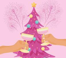 Celebrate New Year and Christmas. two hands holding glasses near a Pink Christmas tree, a Pink fireworks. Vector illustration. Pink postcard.