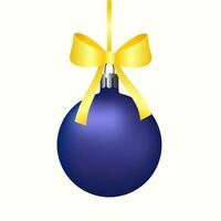 Blue Christmas ball with ribbon and bow, highlighted on a white background. Vector illustration.