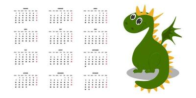 Calendar 2024 with a cute cartoon dragon. Vector illustration