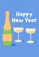 nuevo años celebracion. vector ilustración. dos lentes de vino y un botella de champán en un azul antecedentes. nuevo años tarjeta