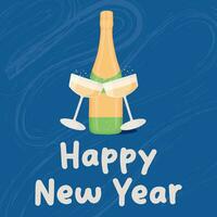 Wine bottles with two glasses on a blue background. New Year's card. Vector illustration. New Year's Toast