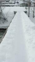 aéreo ver de un puente terminado un río en el invierno video