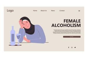 Female alcoholism landing page template. Muslim woman hijab vector