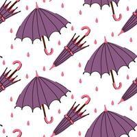 Pattern of an open and closed purple umbrella in the rain. Seamless, repetitive flat autumn cartoon texture. Cute weather protection on a white background. Umbrellas, printing on textiles, paper vector