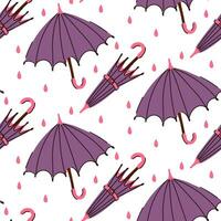 Pattern of an open and closed purple umbrella in the rain. Seamless, repetitive flat autumn cartoon texture. Cute weather protection on a white background. Umbrellas, printing on textiles, paper vector